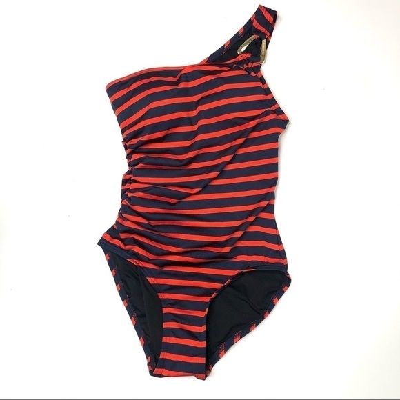 NEW Michael Micheal Kors Maillot Red Navy Striped One Shoulder Nautical Swimsuit - Picture 3 of 15
